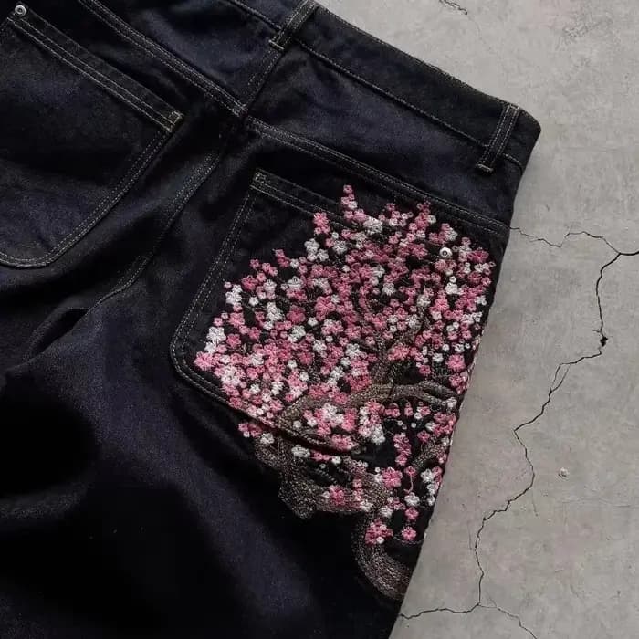 Y2K Harajuku jean Goth vintage fleur de prunier motif brodé pantalon à jambes larges hommes femmes d