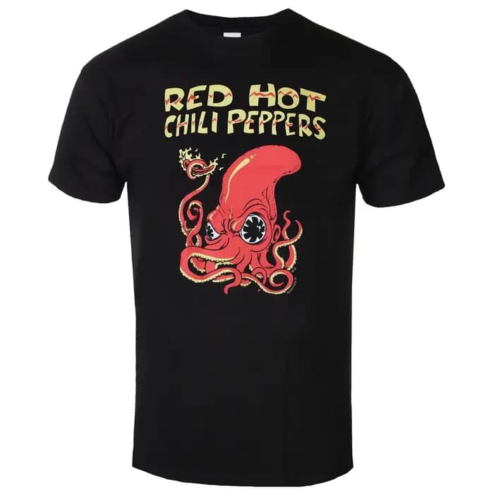T-shirt graphique du groupe Red Hot Chili Peppers avec lettres rouges circulaires vieillies et étoile à huit branches blanche rayée