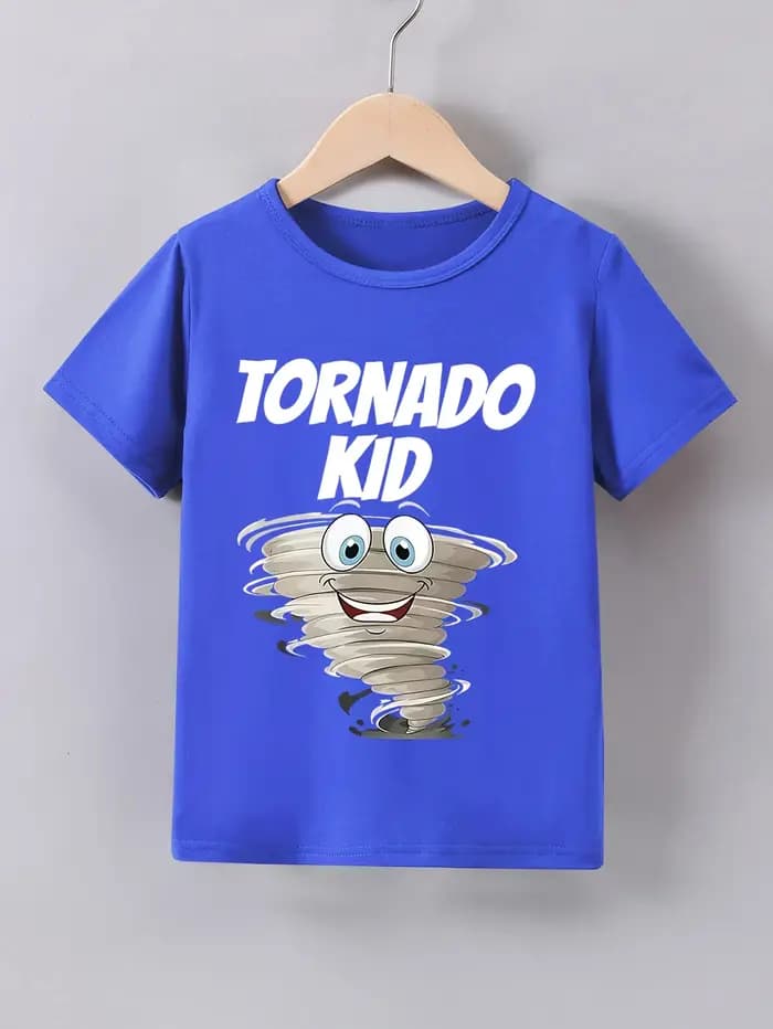 T-shirt décontracté d'été pour garçons, imprimé "Tornado Kid", col rond, manches courtes, tee-shirt