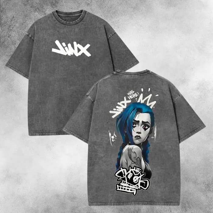 Arcane Jinx T-shirt délavé coupe unisexe, chemise délavée vintage avec personnage de jeu rétro, cade