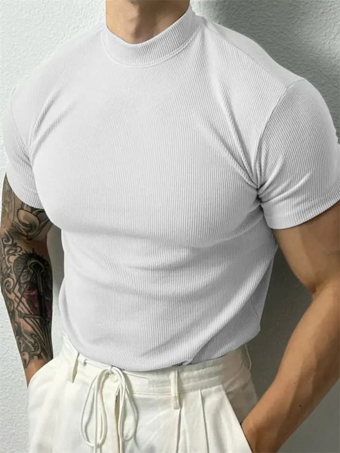 Nouveau T-shirt homme tendance 2026 – Haut de sport à col montant rayé, manches courtes, idéal pour