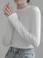 T-shirt à manches longues en coton blanc pour femme, vêtement de couleur pure, sans doublure