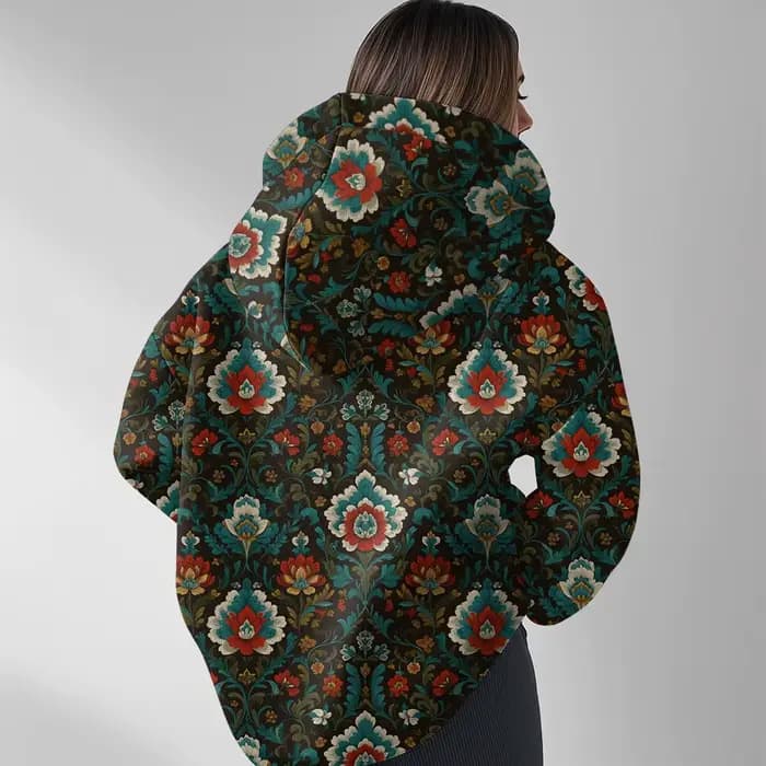 Sweat à capuche Boho maximaliste pour femme, rétro, coupe ample, col en v, avec luxueux totem floral rouge et doré, pull à la mode d'hiver