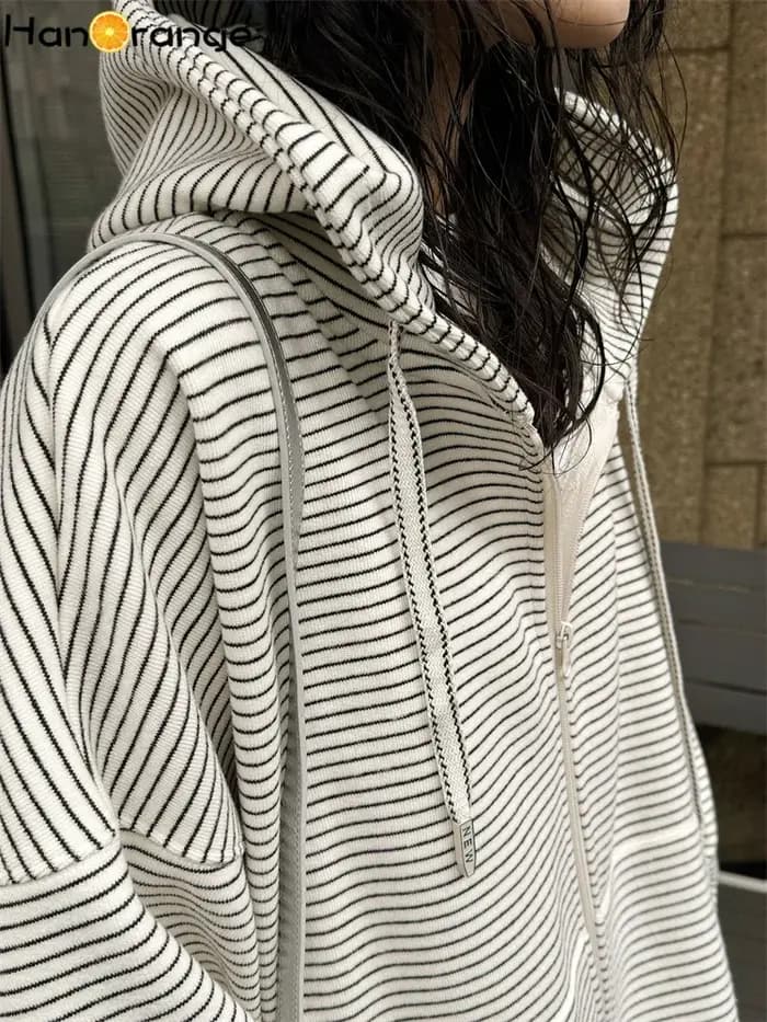 Printemps rétro contrasté rayé sweat à capuche avec fermeture éclair femmes Silhouette ample haut