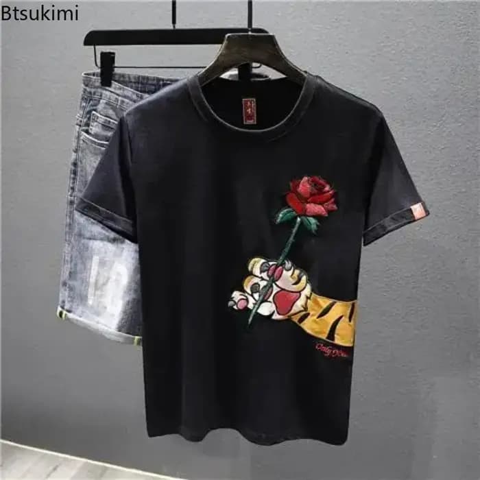 Nouveau T-shirt pour homme à manches courtes brodé de roses