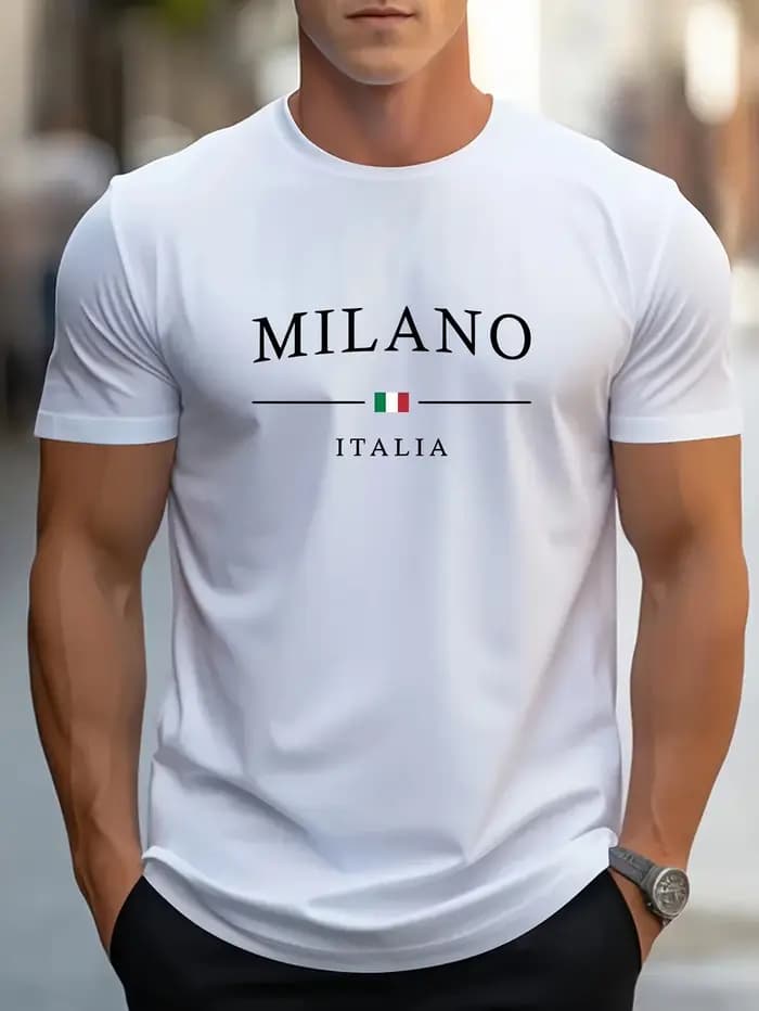 T-shirt d'été pour homme 100% coton, imprimé avec le mot MILANO, ample, décontracté, confortable, co
