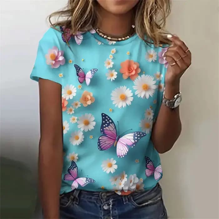 T-shirt à Manches Courtes et Col Rond pour Femme