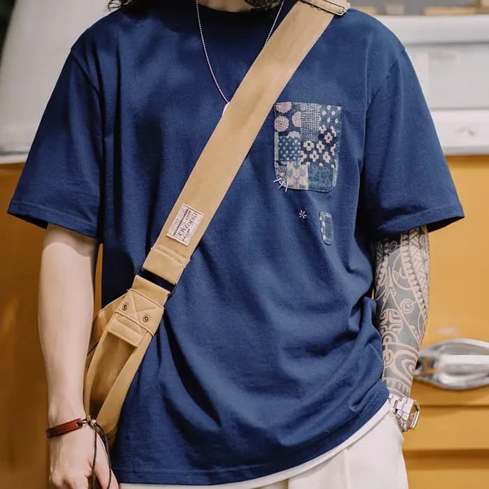 T-shirt à manches courtes en coton bleu teinté rétro Maden, tissu ancien, poche, col rond, haut pour