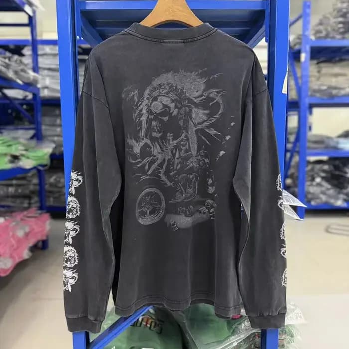 T-shirt Streetwear Tendance Côte Ouest Rétro Décontracté Ample Noir Délavé Imprimé Manches Longues Homme Femme