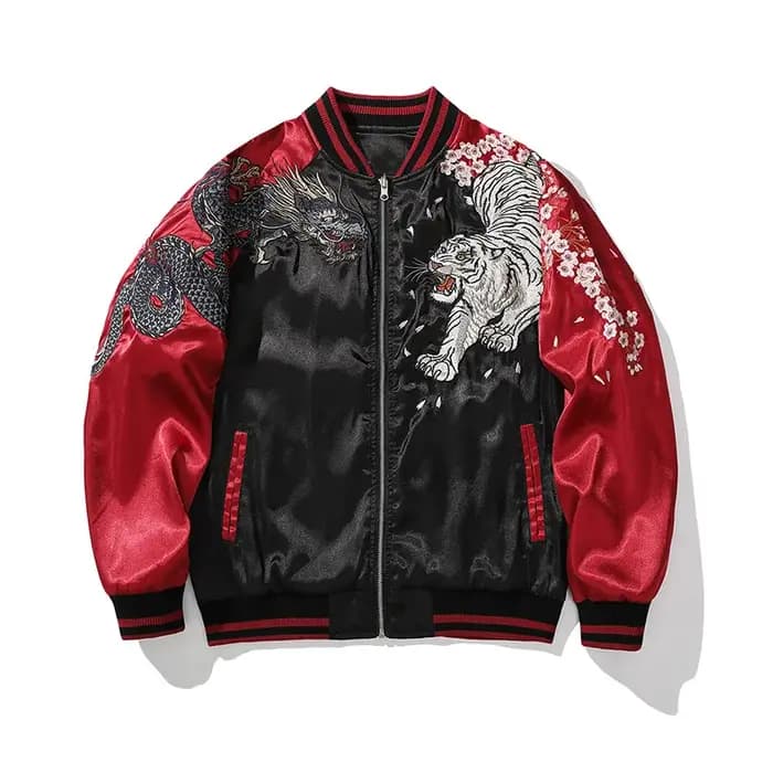 Veste de baseball en satin brodé Sukajan, manteau de printemps pour homme, manches longues, motif ti
