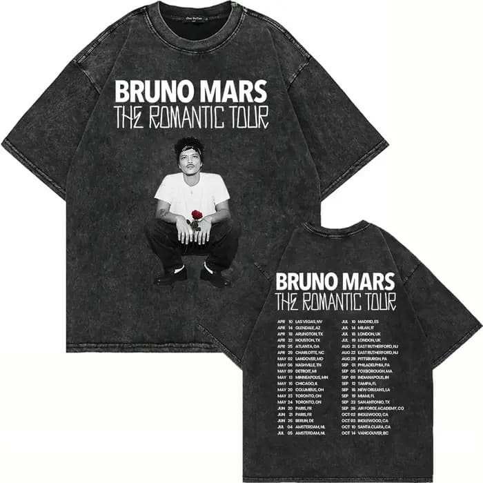 T-shirt 100% coton vintage lavé Bruno Mars The Romantic Tour 2026 Mode Homme/Femme Rétro Surdimensionné Décontracté