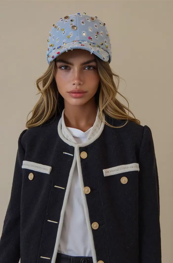 Casquette de baseball en jean incrustée de diamants pour femme