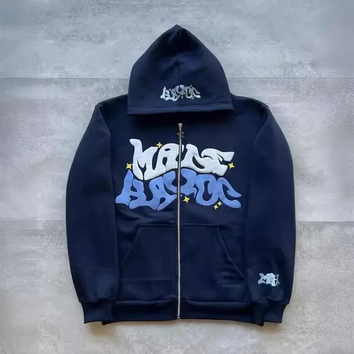Sweat à capuche zippé avec lettres de style américain rétro, unisexe, idéal pour être associé à une