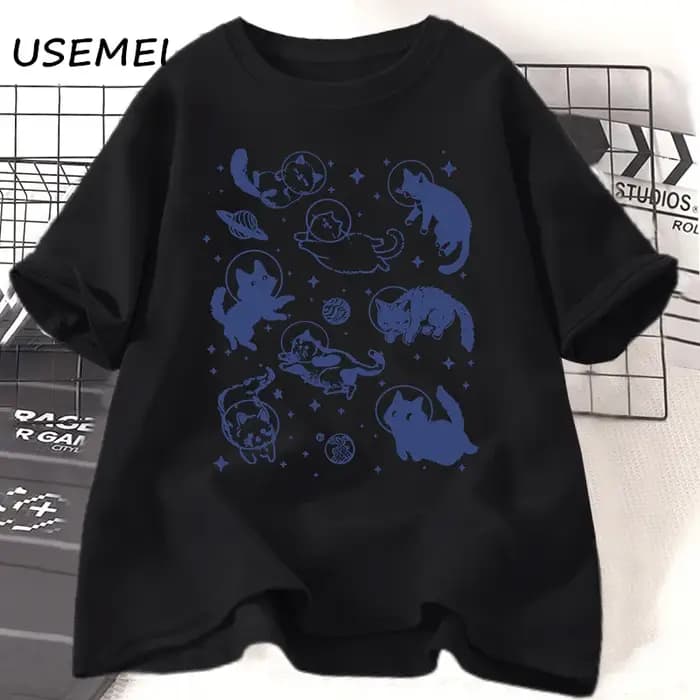 T-shirt imprimé chats dans l'espace pour femmes et hommes, humoristique et mignon, graphique et esth