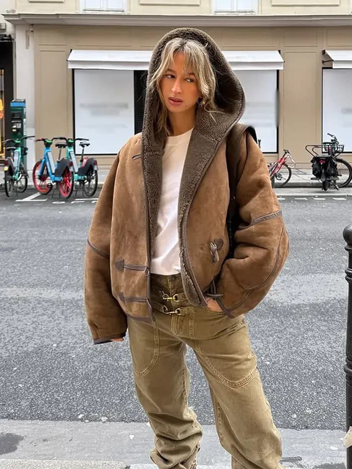 Veste en cuir Patchwork à capuche pour femme