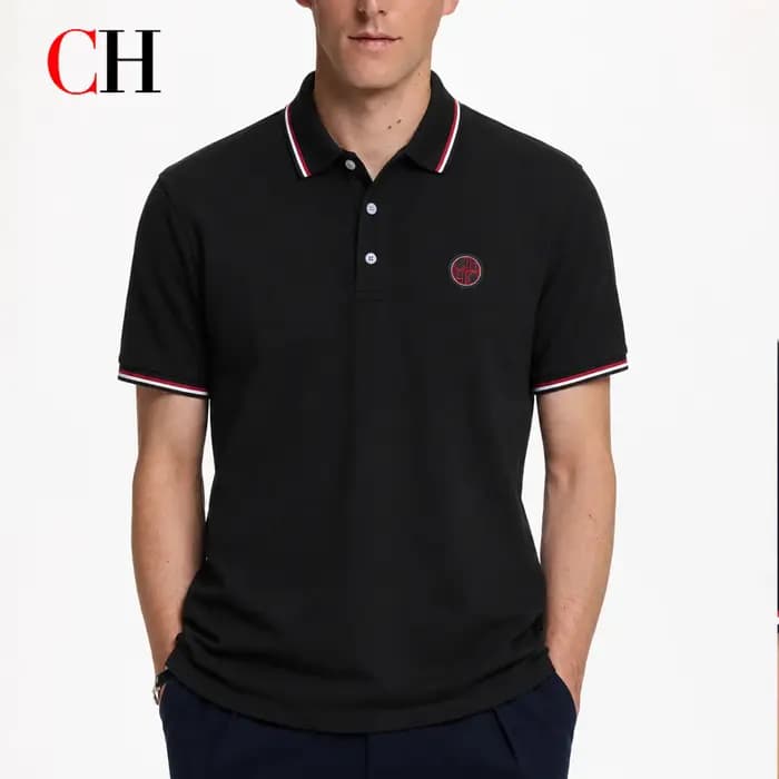 T-shirt décontracté pour homme CH, couleur unie, manches courtes, style streetwear d'été, basique, col rond, avec bordure rouge et blanche, vêtements pour homme
