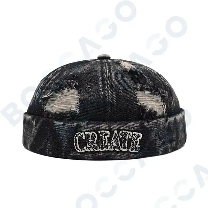 Casquette Docker en jean brodée avec visière, design déchiré, ajustable, pour homme et femme, idéale