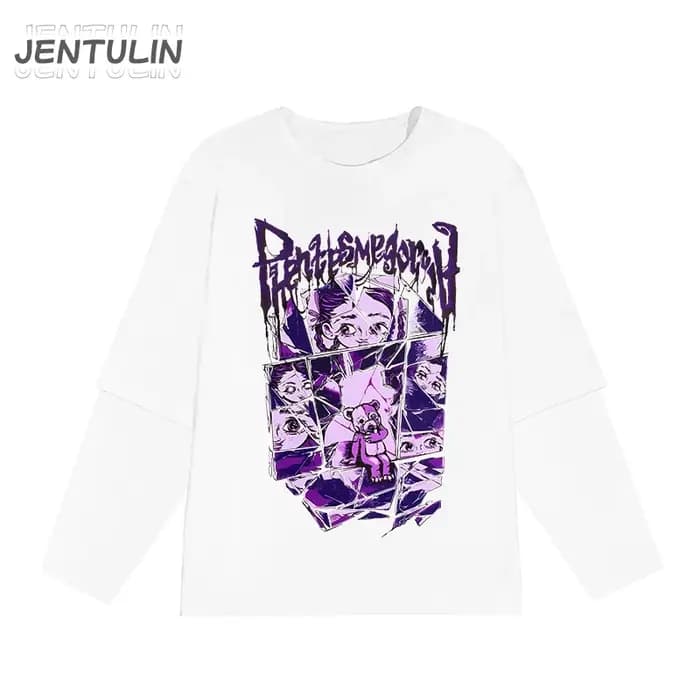 Harajuku surdimensionné Streetwear hommes t-shirt phantasmagoria imprimé graphique Hip Hop vêtements faux deux pièces à manches longues hauts Goth Y2k