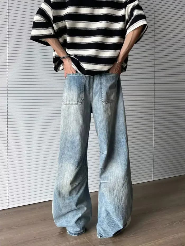 2025 Ropa Y2K mode lavé bleu Baggy plissé nouveau jean pantalon pour hommes 90S Vintage vêtements coréen décontracté