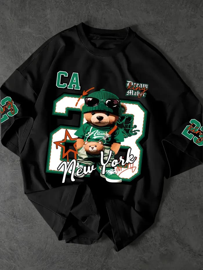 T-shirt pour homme, imprimé multi-positions Hip-Hop Teddy Bear avec le numéro 23 et le texte New Yor