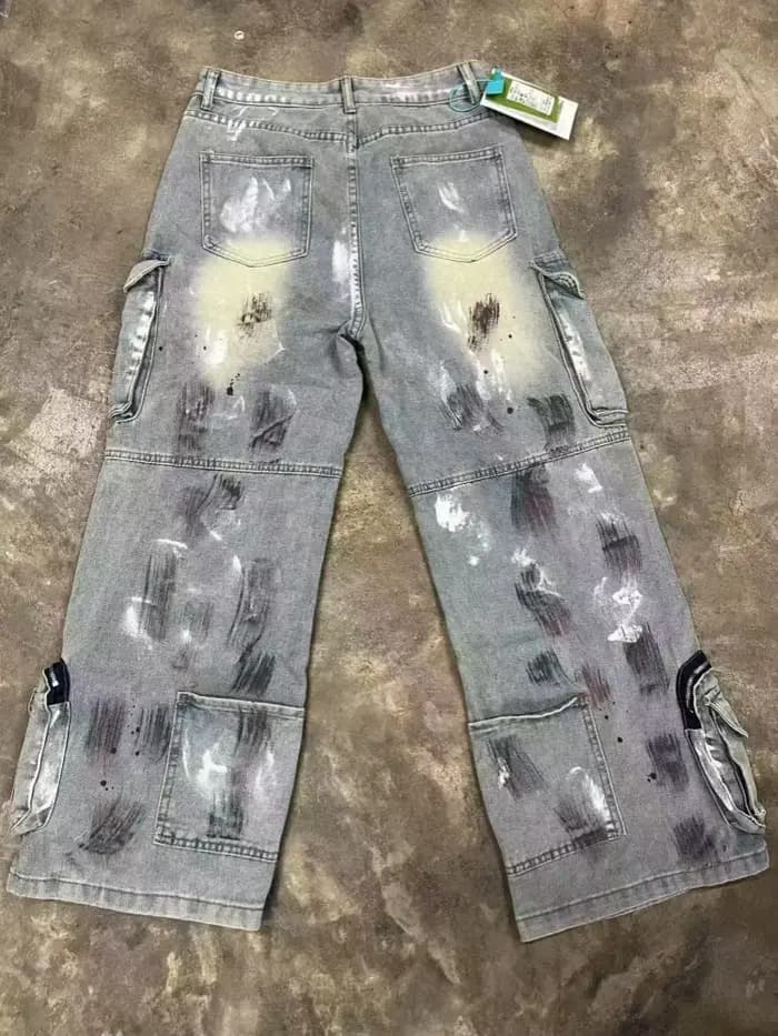 Trashy Y2K 2000S en détresse bleu peinture Splash Baggy Cargo jean pantalon pour femmes 90S Vintage vêtements fermeture