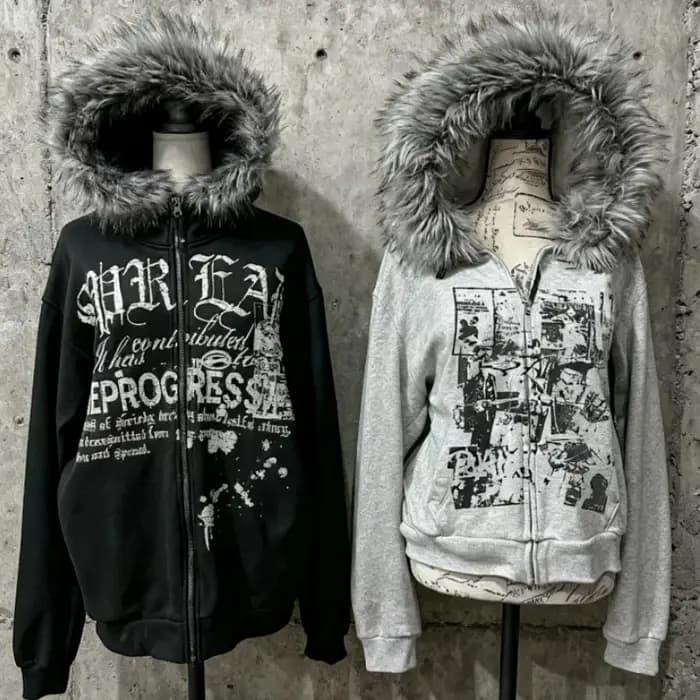 Sous-culture Faux manteaux femmes veste graphique avec capuche polaire fourrure