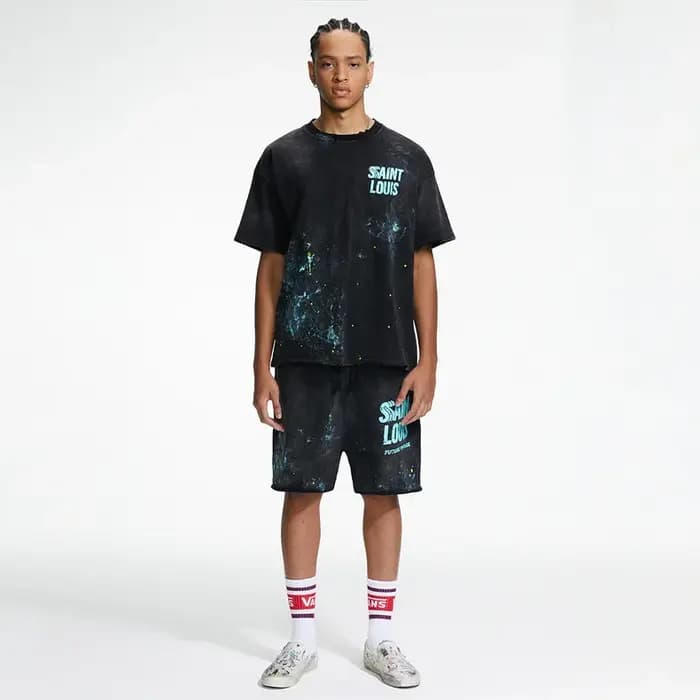 SSSAINT LOUIS fait à la main vieille et sale éclaboussures d'encre pour détruire le logo à manches courtes décontracté ample à la mode été T-shirt