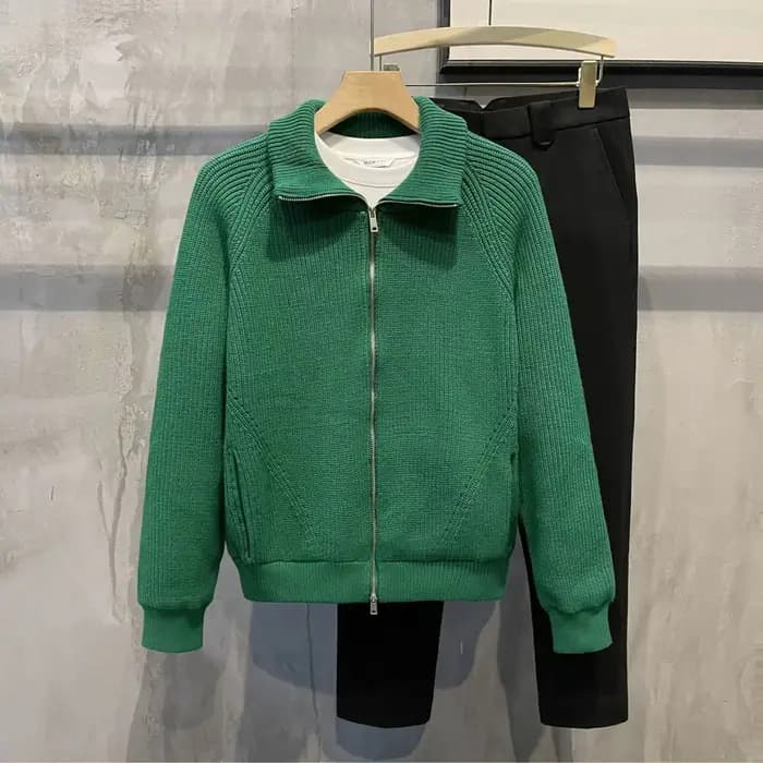 Vêtements pour hommes veste zippée pull en tricot homme fermeture éclair plaine vert couleur unie Cardigan avec poches manteau 2025 tendance coupe ample V