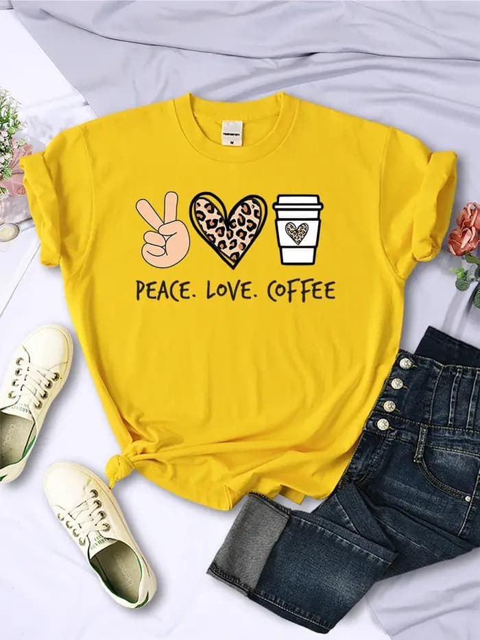 Peace Love café imprime femmes T-Shirts coton haute qualité