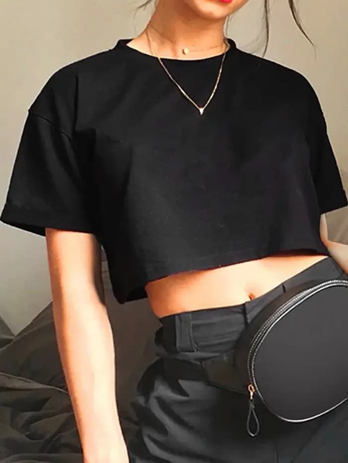 T-shirt col rond femme noir, streetwear estival et décontracté, Harajuku, Y2K
