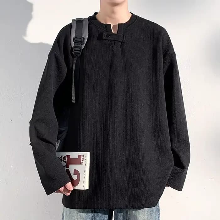T-Shirt à manches longues et col en v pour hommes, texturé, coupe ample, décontracté, confortable, t
