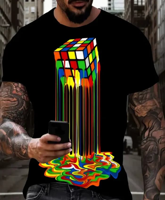 T-shirt pour homme avec un imprimé 3D rétro aux couleurs vives