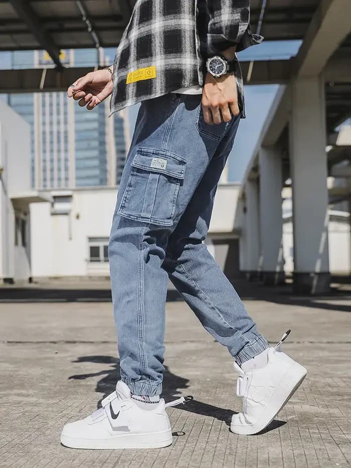 Jeans Jogger pour Hommes en Coton Lavé Légèrement Extensible Multi-Poches Denim Cargo Taille Asiatique L-6XL