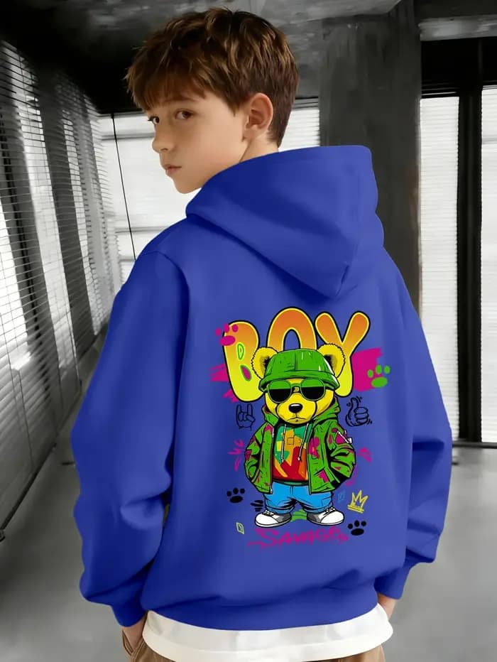 Sweat-shirt avec imprimé de dessin animé Cool Bear et texte anglais dégradé « BOY ». Lavable en machine