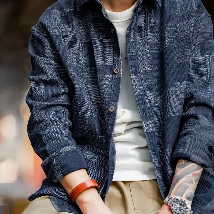 Maden Chemises en Denim Rétro Boro avec Col en Lapel et Design Patchwork Chemise à Manches Longues pour Tops d'Automne et de Printemps pour Hommes