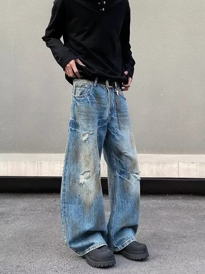 2000S vêtements Y2K Grunge vieux sale lavé bleu Baggy déchiré jean pantalon pour hommes 90S Vintage