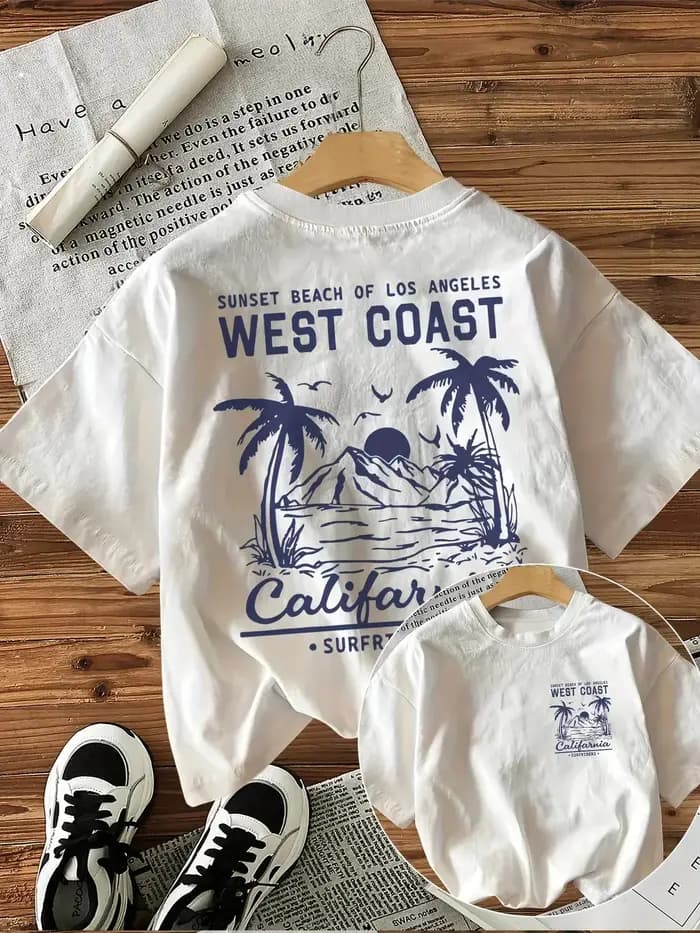 Côte ouest impression graphique avec palmiers t-shirt à manches courtes femmes