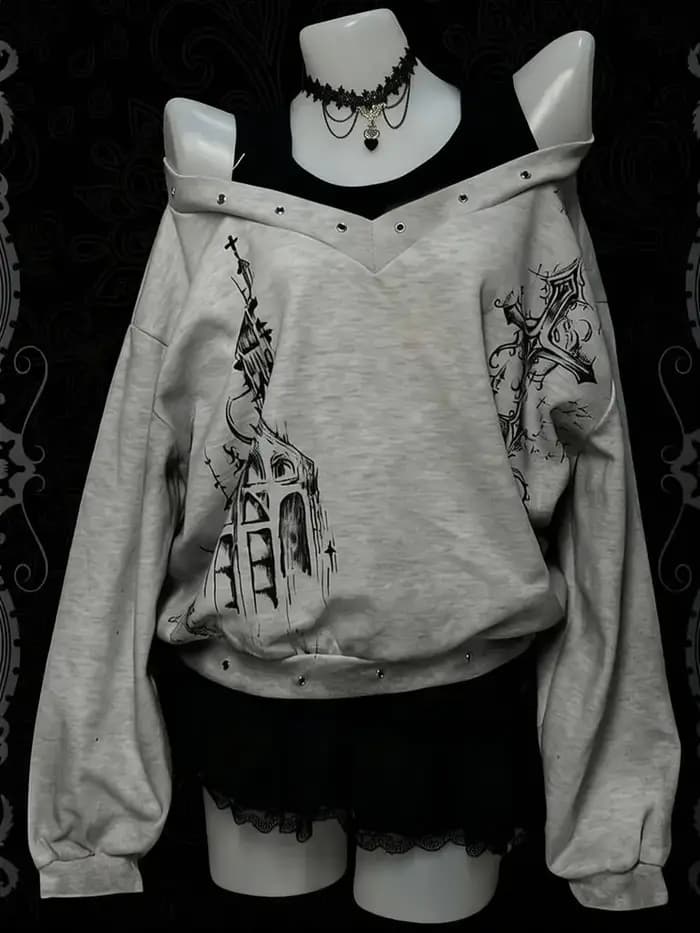 Sweat-shirt vintage punk rock à épaules dénudées pour femme