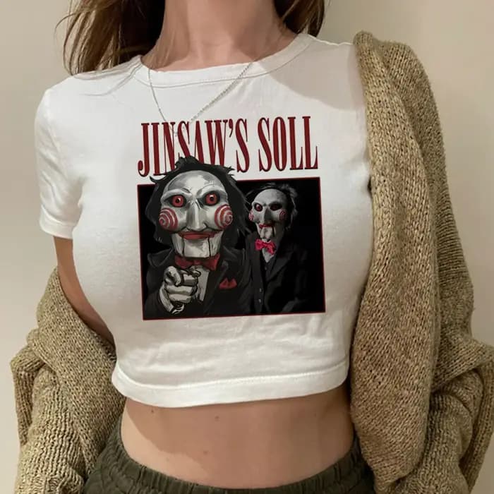 Film scie tête d'horreur torture streetwear yk2 hippie crop top fille années 90 gothique vintage