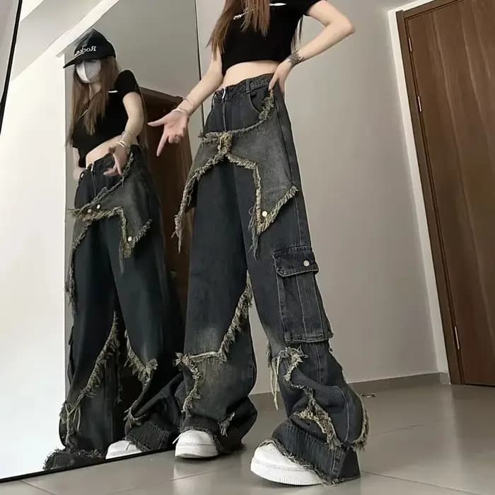 Jean Baggy pour femmes, automne/hiver, Design Vintage européen et américain, application étoile vide et pantalon à jambe droite délavé