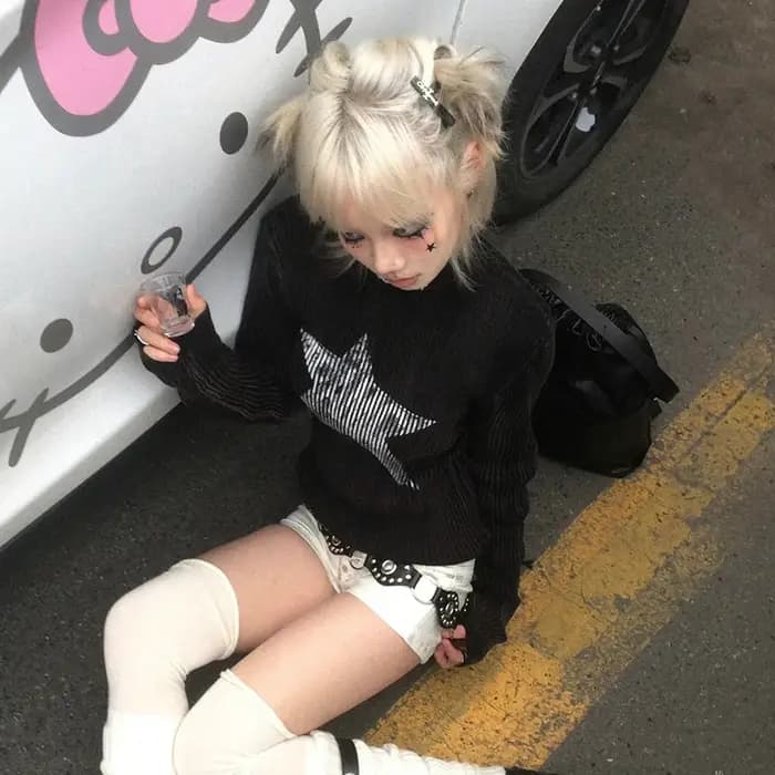 Karrcat Grunge Esthétique Star Print Trashy Y2k T-shirt en tricot à manches longues Vintage gothique tricots américain rétro années 90