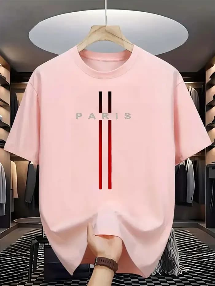 Été Paris hommes nouvelle rayure imprimé confortable et respirant col rond T-shirt extérieur urbain haut décontracté