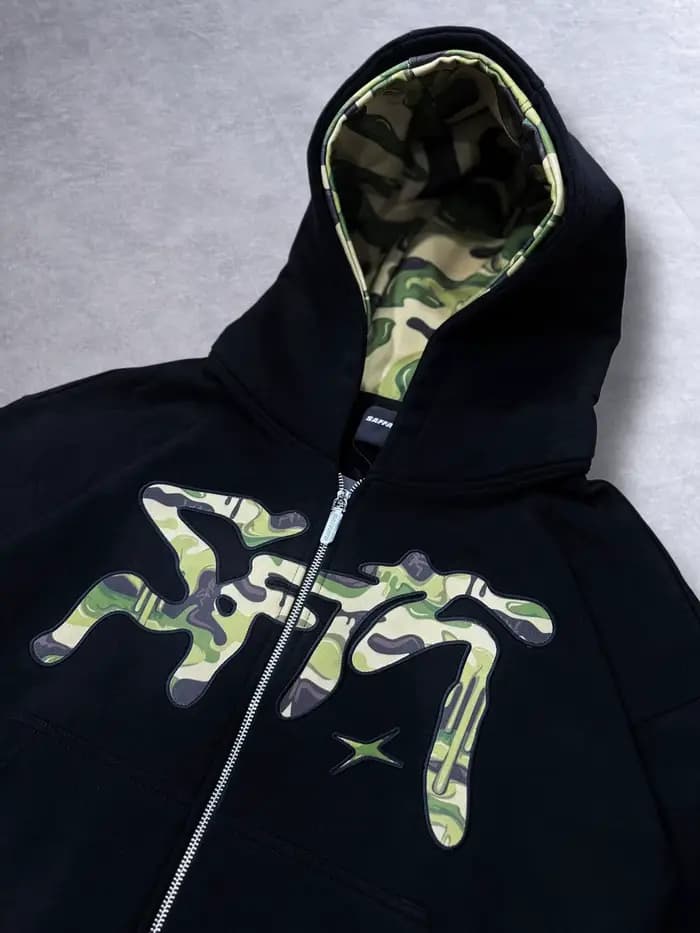Sweat à capuche zippé imprimé camouflage obsidienne Y2K rétro