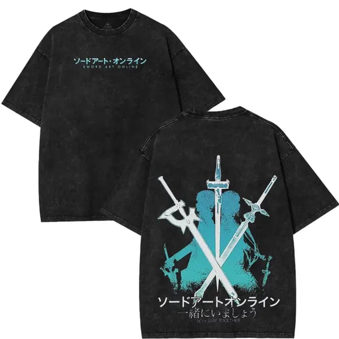 T-shirt Manga Sword Art Online Vintage Délavé Coupe Oversize pour Homme – Vêtement d'été Col Rond Ma