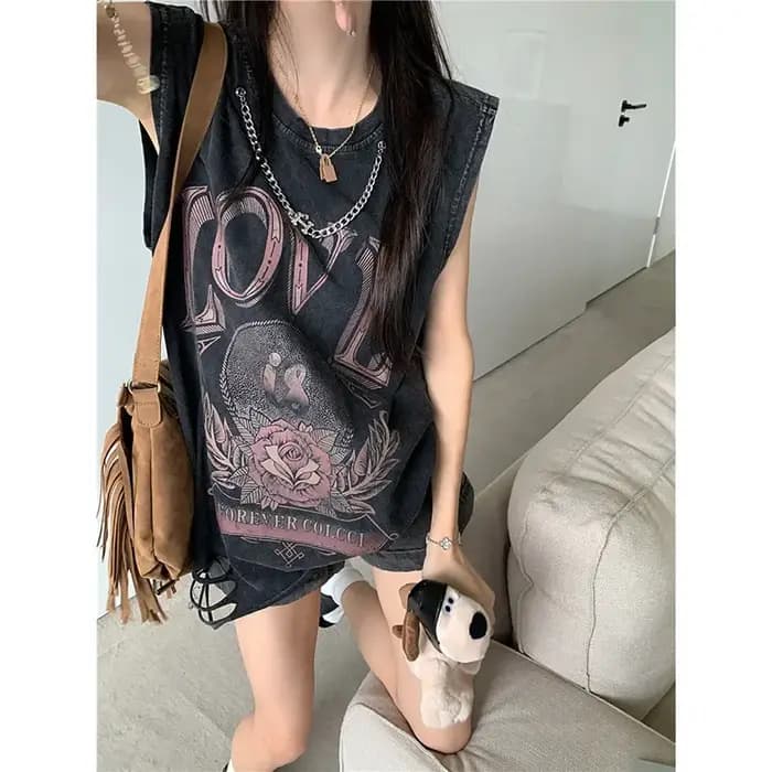 Harajuku Vintage en détresse lavé déchiré gilet T-shirt femmes été ample imprimé haut sans manches tendance Y2k
