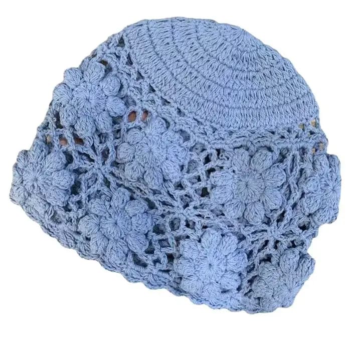 Chapeaux pour femmes Y2k casquettes brume bleu Version coréenne crocheté à la main et évidé en forme de fleur casquette Pile Cap doux Cool Cap