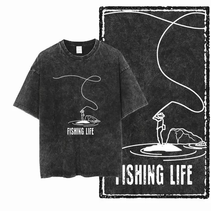 YB FISHING THEME imprimé coton lavé à l'acide graphique exclusif unisexe t-shirt Cool Streetwear hommes t-shirts grande