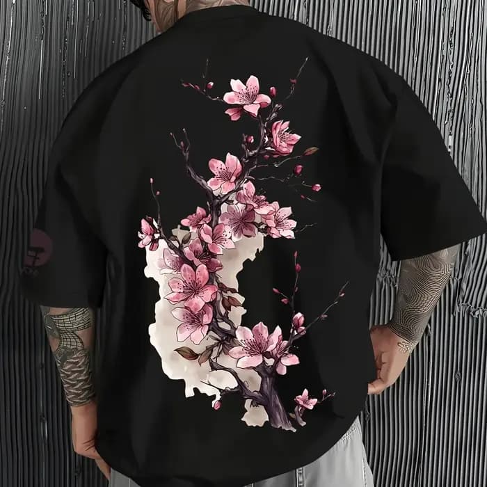 T-shirt à motif de fleurs de cerisier de Tokyo, traditionnel japonais, décontracté, en coton, à manc