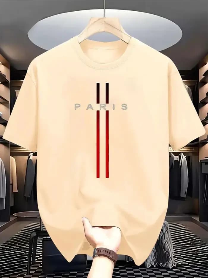 Été Paris hommes nouvelle rayure imprimé confortable et respirant col rond T-shirt extérieur urbain haut décontracté