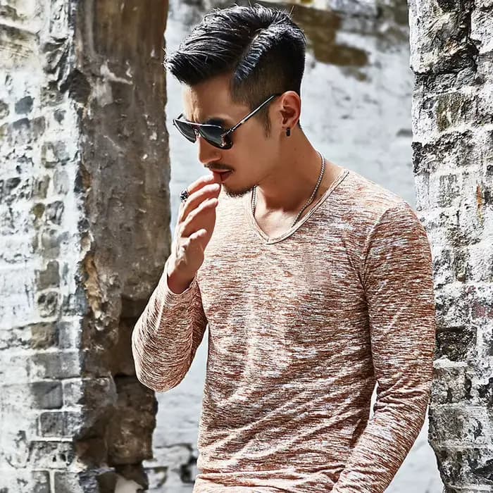 T-Shirt à Manches sulfet Col en V pour Homme